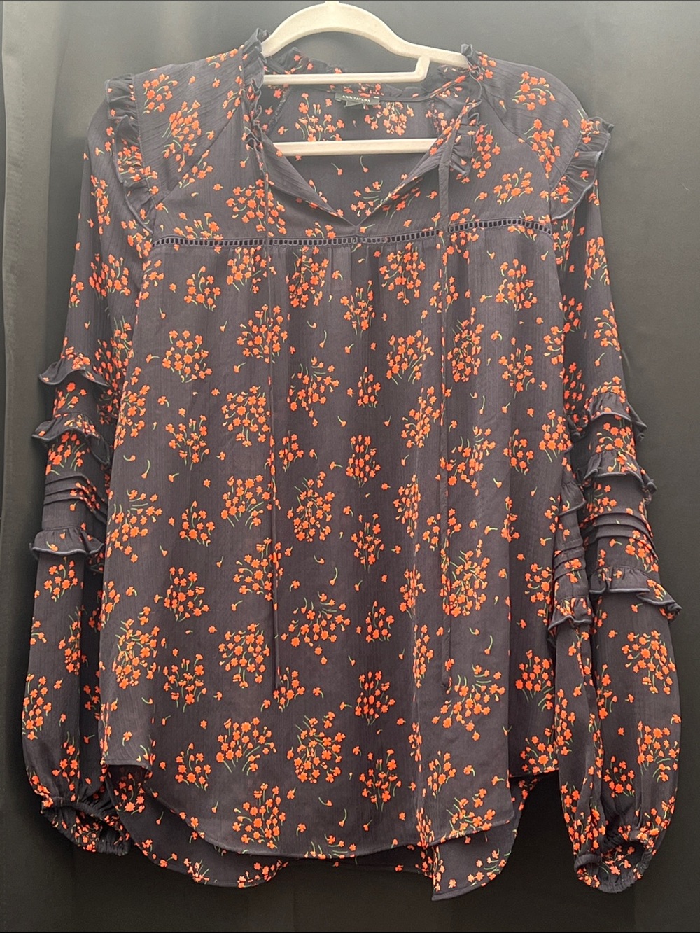 Ann Taylor Navy Blouse with Orange Floral Print and Ruffle Sleeves